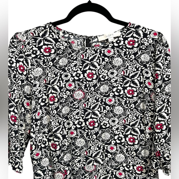 LOFT Women’s Black White Pink Floral Ruffle Cuff Midi Dress Zip Back - Size 12 - Picture 4 of 10
